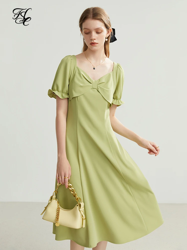 

FSLE Summer 2022 French Style Bow-knot V-neck Dress Women Temperament Elegant Design Sense Casual Solid Color Female Clothing