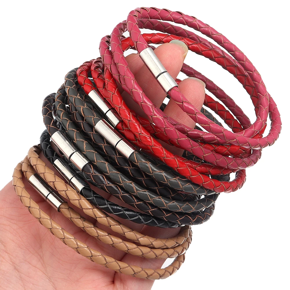 1Strand Wide 4mm Genuine Braided Leather Bracelet bracelet jewelry Three Circles Magnetic Clasps Charm Bangle For Men Women jewelry Gifts