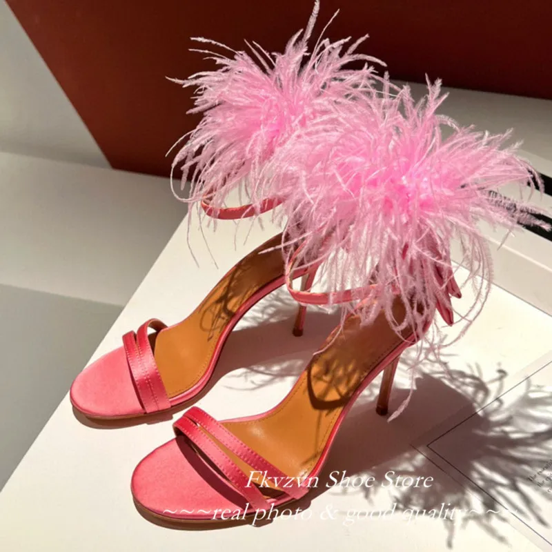 Sexy Peep Toe Feather Sandals High Heels Party Shoes Ankle Strap Gladiator Stiletto Summer White Shoes For Women Zapatos Mujer