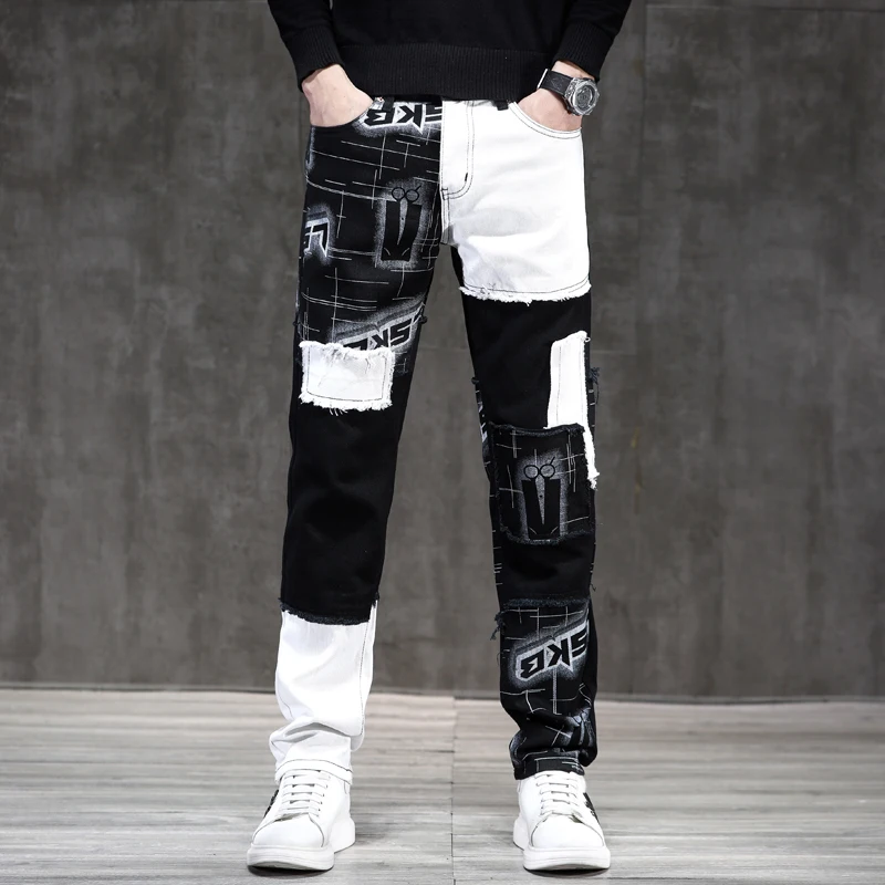 

Black and White Contrast Color Printed Stitching Jeans Men2024New Slim Fit Small Straight Personality Motorcycle Trousers