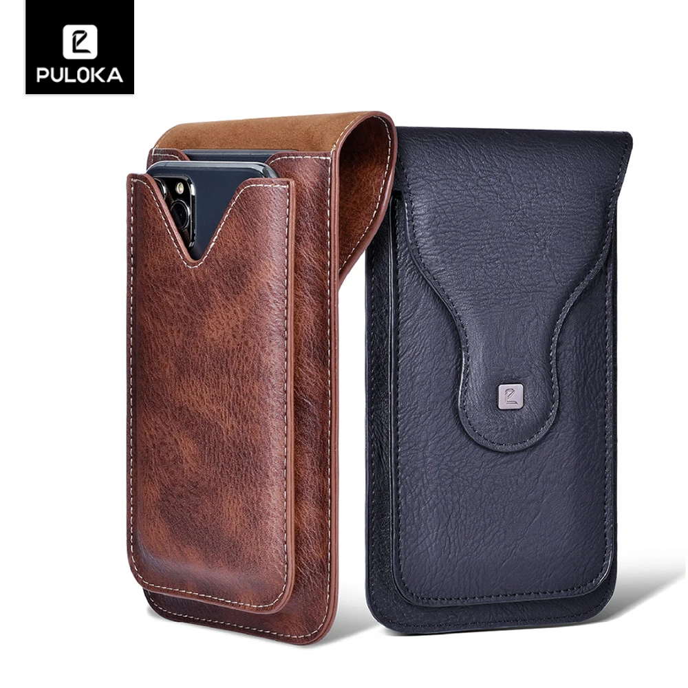 

PULOKA Leather Mobile Phone Bag For 4.7-6.5 Inches Cellphone Universal Case Flip Magnet Holster Men Business Belt Pouch