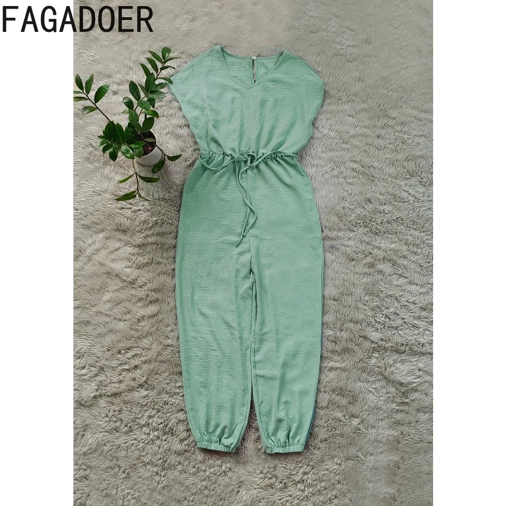 FAGADOER Green Elegant Lady Office Lace Up Jumpsuits Women Round Neck Short Sleeve Loose Playsuits Fashion Female Solid Overalls