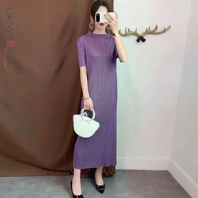 LANMREM Purple Stand-up Collar Short-sleeved Pleated Slim Plus Woman Bottom Dress Casual Simple Fashion 2025 Spring New TV734