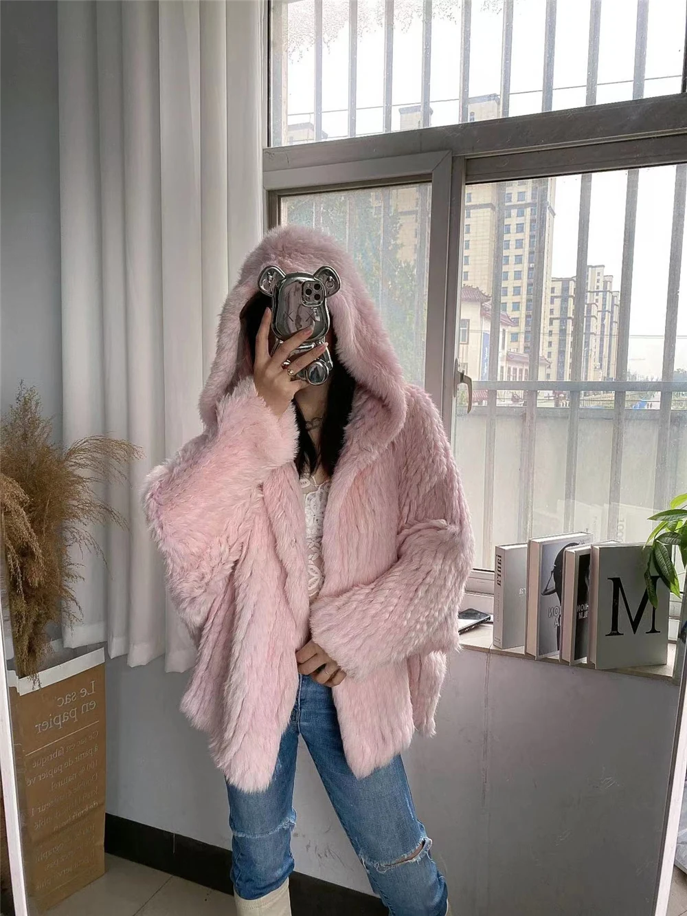 Genuine Rabbit Fur Coat for Women Long Knitted Jacket Real