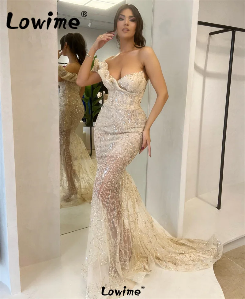 

Elegant Champagne Long Mermaid Evening Dresses One Shoulder Ruffle Beaded Sequins Formal Arabic Party Gowns Plus Size Prom Dress