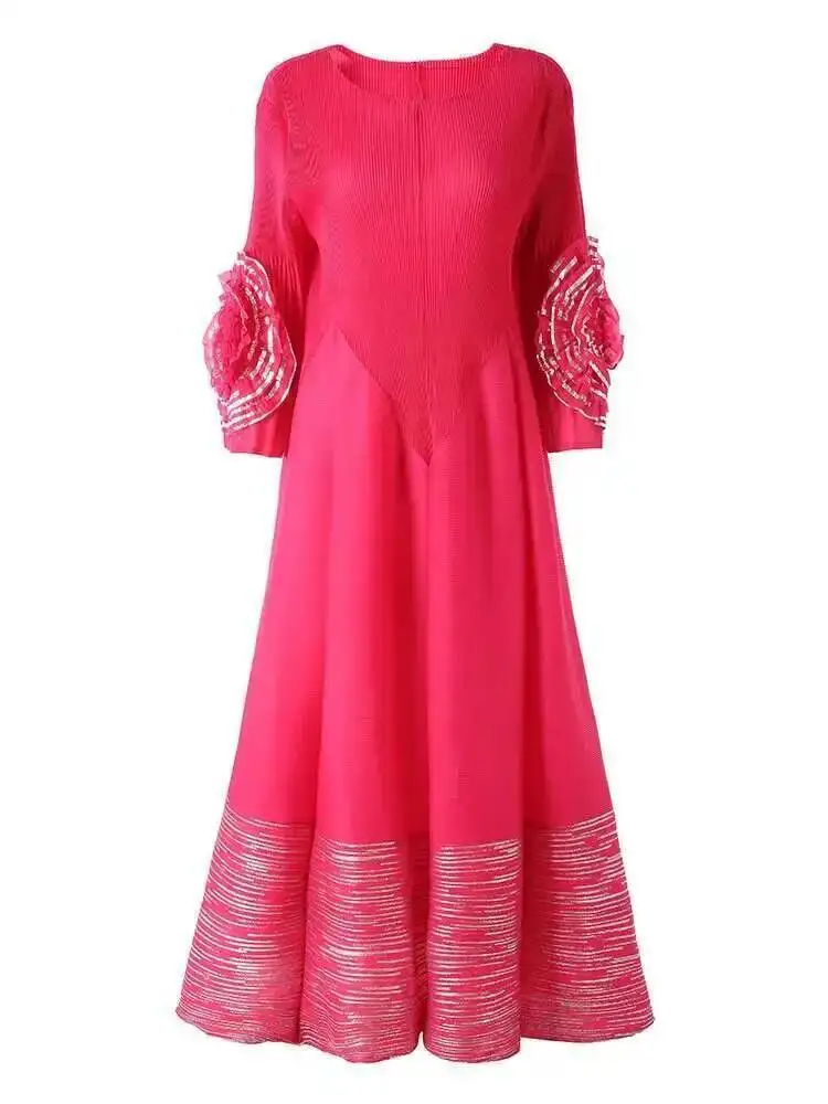 LANMREM Women's High-end Fashion Dress With Flower Ruffles Sleeves Round Neck Loose Big Size Long Dresses 2025 New 2DB1142 - Image 6