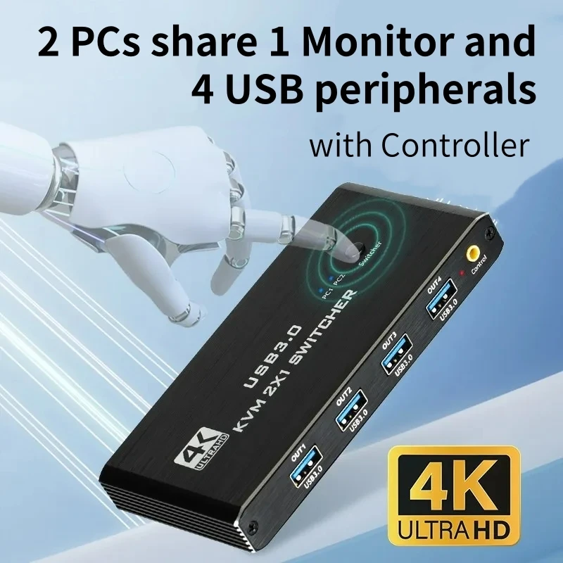 USB 3.0 KVM 2x1 Switch With Remote for 2 Computers Share 1 HDMI-compatible Monitor and Keybord/Mouse/Printer(4 USB Peripherals)