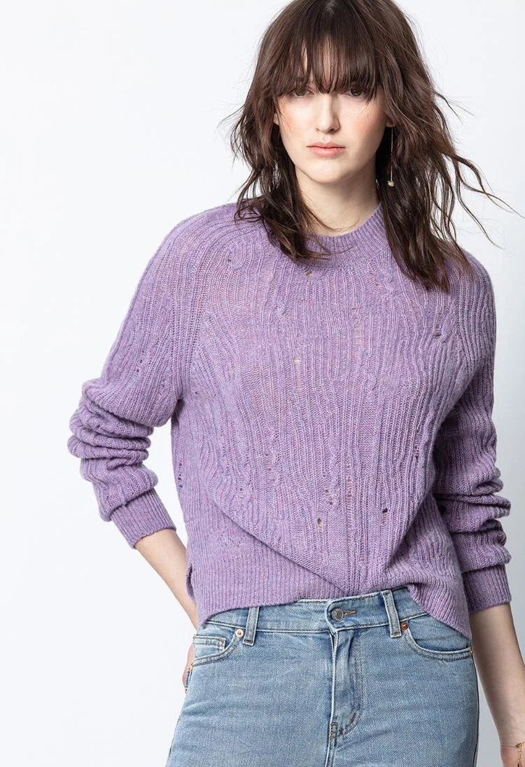 

Autumn Winter Women Loose Casual OL Solid O-Neck Long Sleeve Hollow Out Cashmere Hem Split Knit Sweater