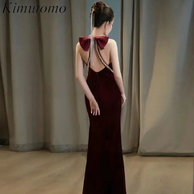 

Kimutomo Backless Velvet Beaded Prom Dresses Hanging Neck Bow Elegant Dress Women for Wedding Party Sexy Fishtail Hip Vestidos