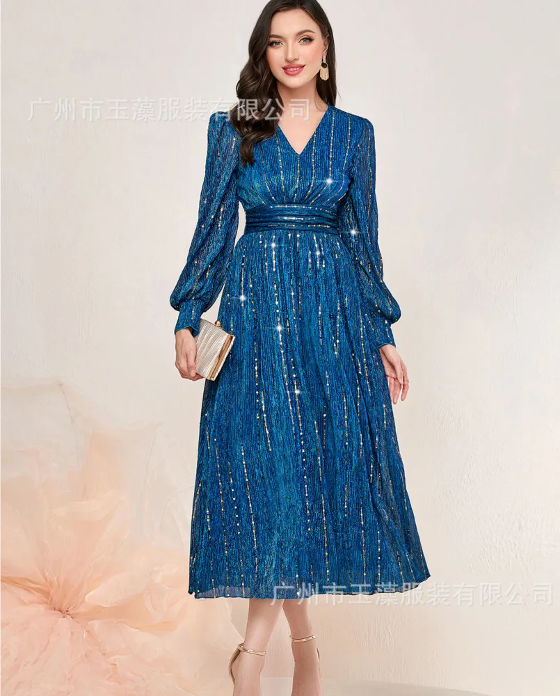 

Ladies Sexy V-Neck Lantern Sleeves Sequin Dress 2023 Autumn Winter High Wasit Slim A-Line Maxi Dress Casual Commute Clothing