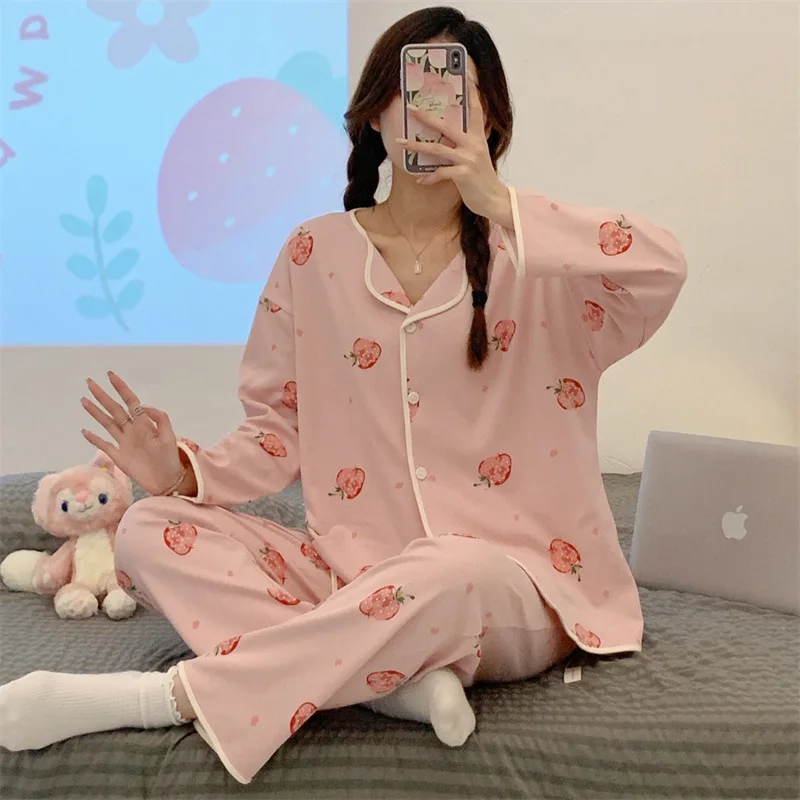 Spring Autumn Women's Milk Silk Pajamas Long Sleeve Cardigan Pants Loose Casual Home Clothing Set Cartoon Cute Sweet Sleepwear