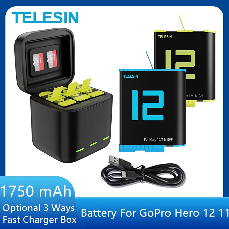 TELESIN 1750 mAh Battery For GoPro Hero 12 11 10 9 3 Ways Fast Charger Box TF Card Storage For GoPro Hero Action Camera Accessor 2