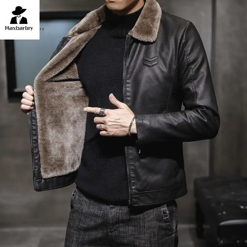 Men's Autumn And Winter Thick Brown Leather Jacket Men's Fashion Faux Fur Collar Windproof Warm Jacket Brand Motorcycle Clothing