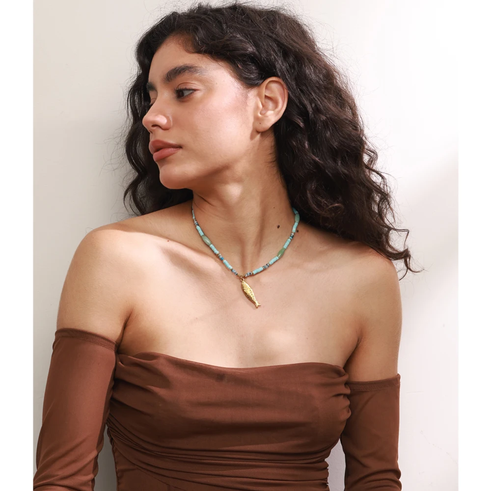 Yhpup Aventurine Stone Necklace Stainless Steel