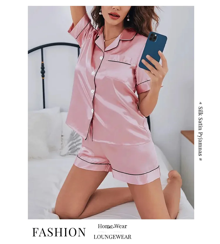 Pyjama femme 2 pièces rose col rabattu boutonné short été