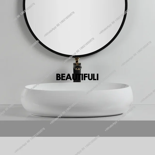 อ่างล้างหน้าทรงรีแบบตั้งโต๊ะ RR อ่างล้างหน้าเซรามิก อ่างล้างหน้าสำหรับระเบียง อ่างล้างหน้าทรงแคบสำหรับตกแต่งบ้าน 5