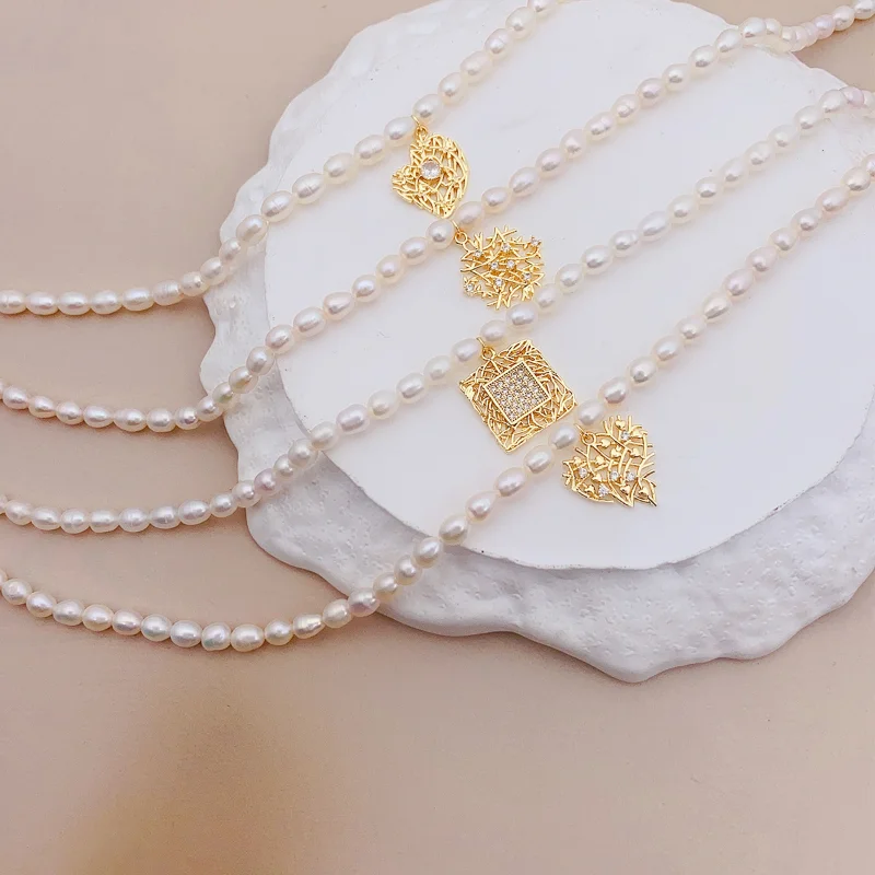 ALLNEWME Delicate Multiple Freshwater Pearl Chokers Necklaces for Women Gold Copper Hollow Leaves Heart Flower Pendant Necklace