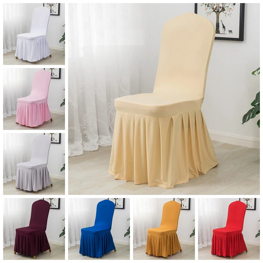 

Wedding Spandex Banquet Chair Covers Skirt Style Decoration Universal Pleated Hotel Birthday Party Show Ruched Thick