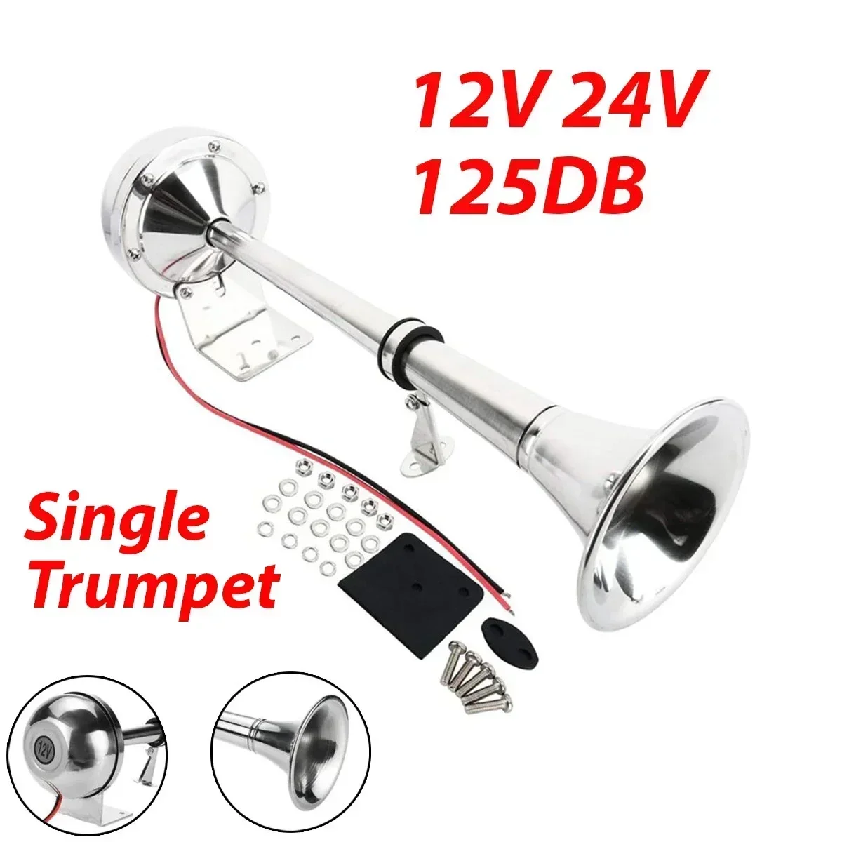 

125DB Single Trumpet Electric Air Horn 12V 24V Stainless Steel Trumpet Horn For Truck Train Marine Boat Automobiles Air Horn