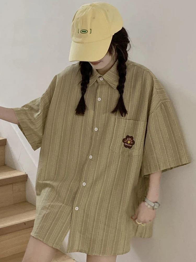 

loral Embroidery Women Striped Shirts Korean Sweet Half Sleeve Fashion Blouse Summer Preppy Style Oversize Loose Tops New