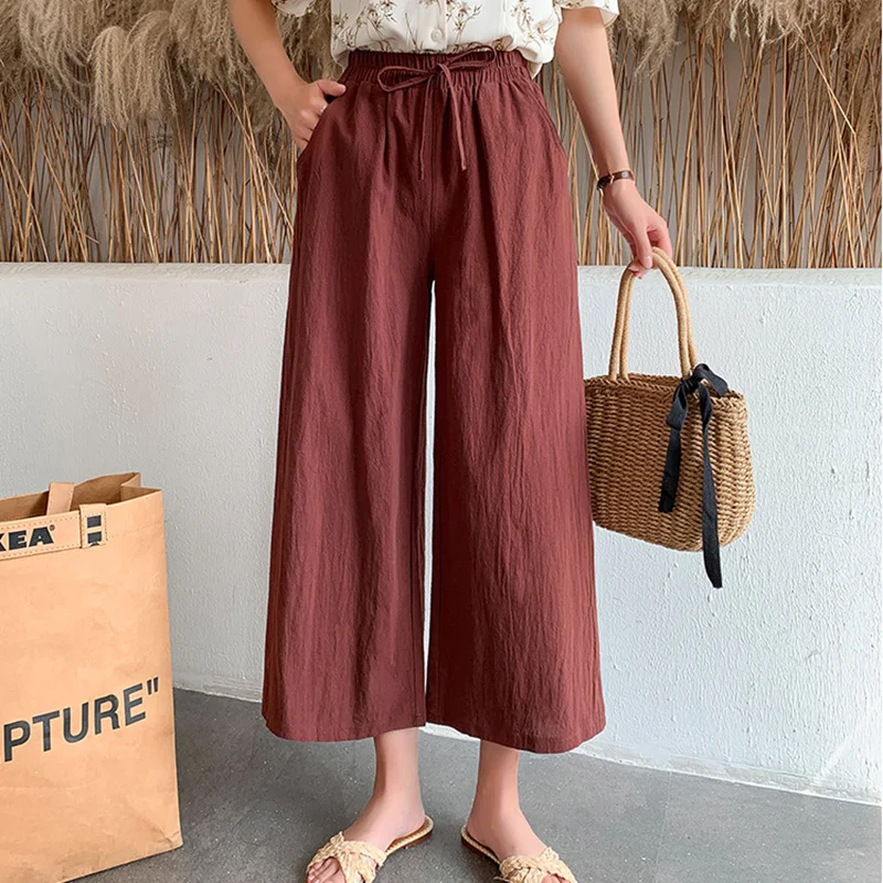 2024 New women Pants Wide Leg Elastic Waist Cotton Loose style Female Trousers Spring Summer Women Calf-Length Pants