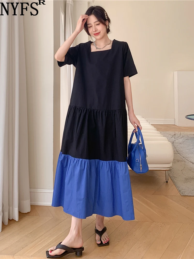 

NYFS 2023 Summer New Korea Patchwork Woman Dress Vestidos Robe Ete Femme Elbise Loose Plus Size Short Sleeve Long Dresses