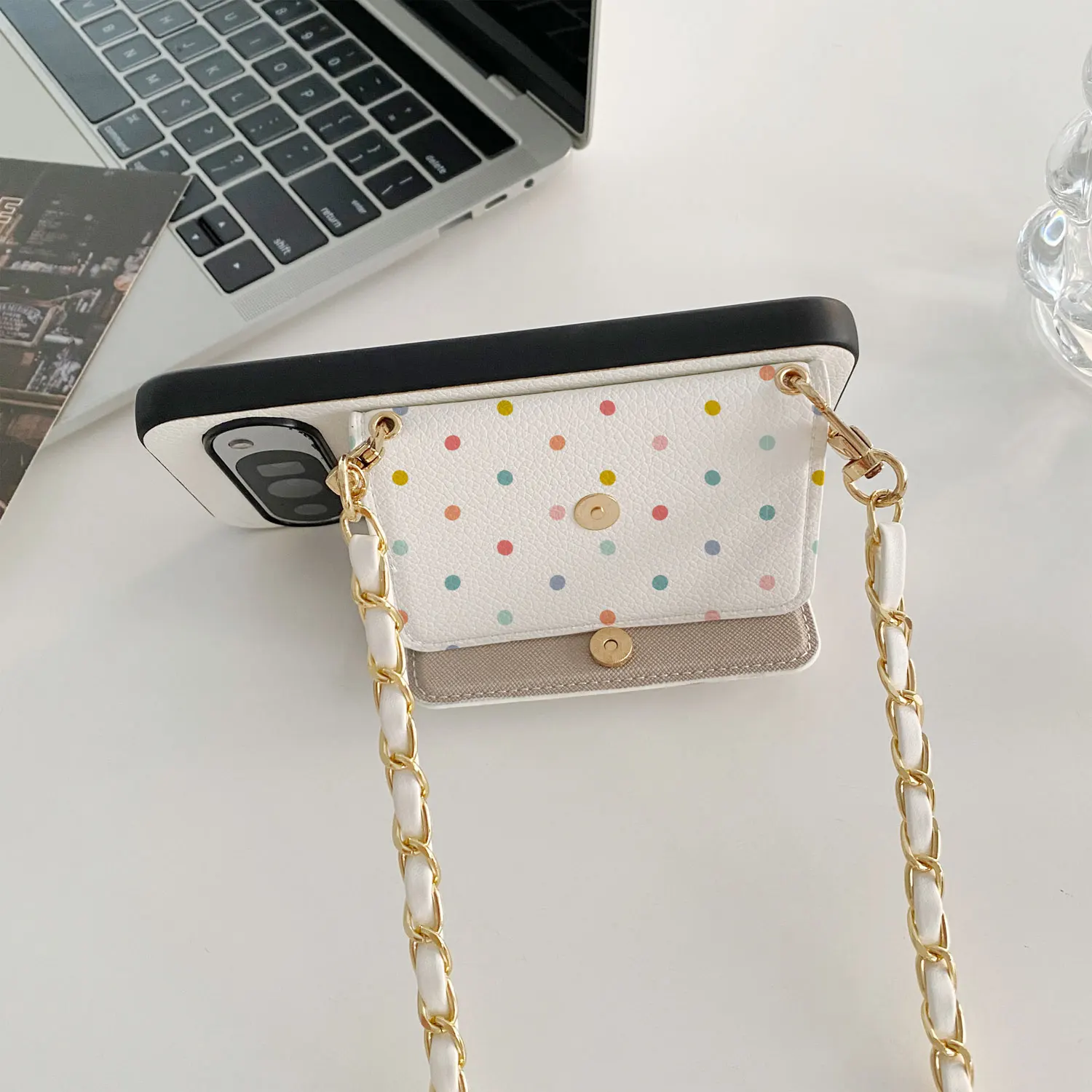 Polka Dot Lychee PU Leather Phone Card Holder Lanyard Case