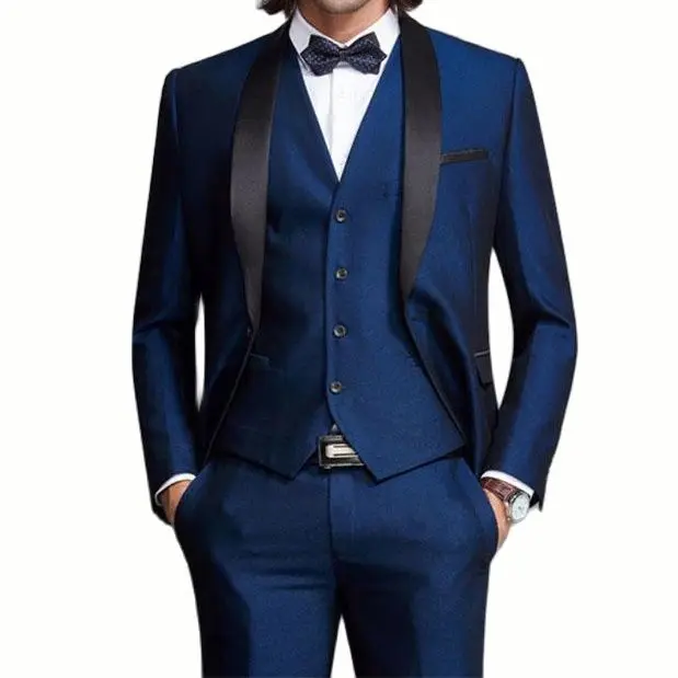 

Navy Blue Men Suits for Wedding Suit Man Blazers Black Shawl Lapel Slim Fit Groom Tuxedos 3Piece Latest Coat Pant Designs Costum