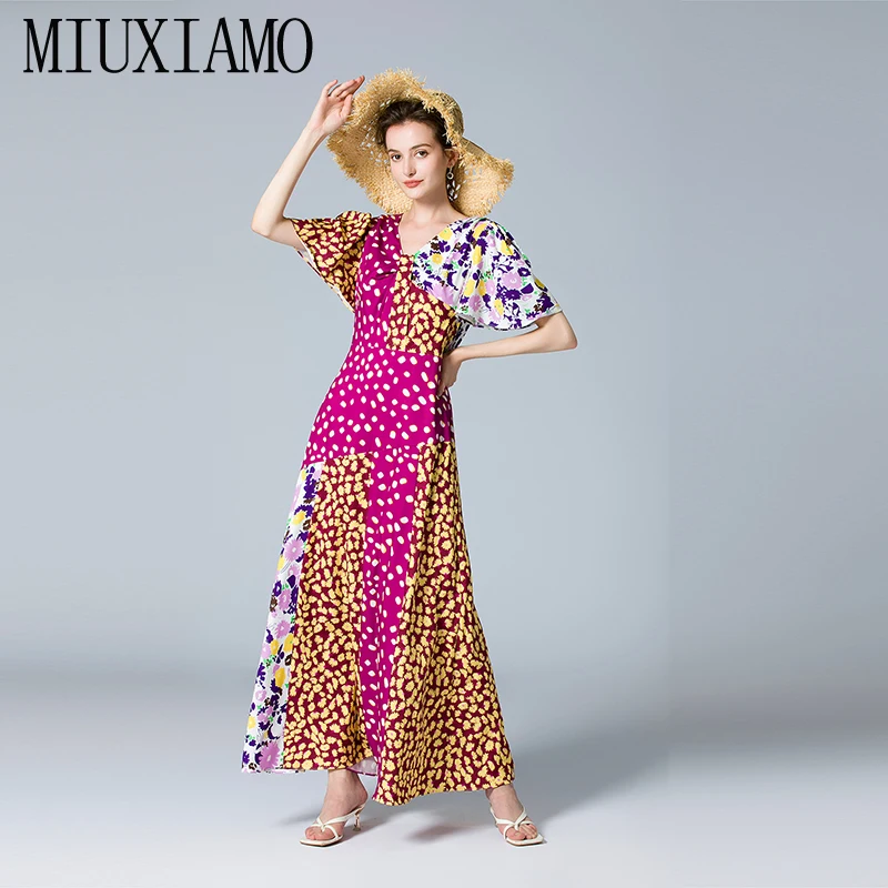 

MIUXIMAO 2022 Высокое качество Весна-лето элегантное платье с коротким рукавом V-образным вырезом пэчворк Модное Длинное Платье с принтом женские платья