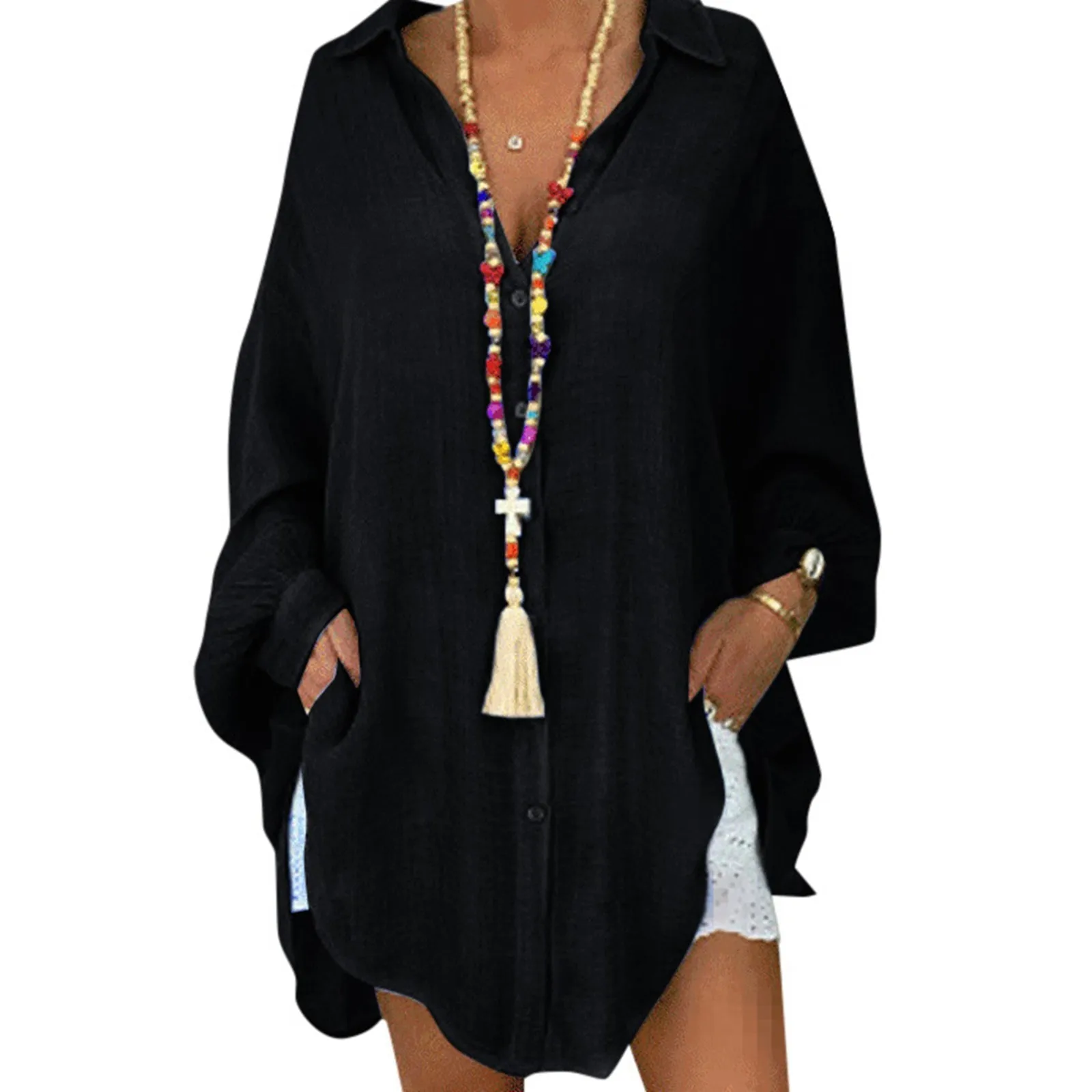 Women'S Solid Color Cotton Linen Button Up Long Sleeve Loose Casual Shirt Blouse Top Cardigan Outfits view 6