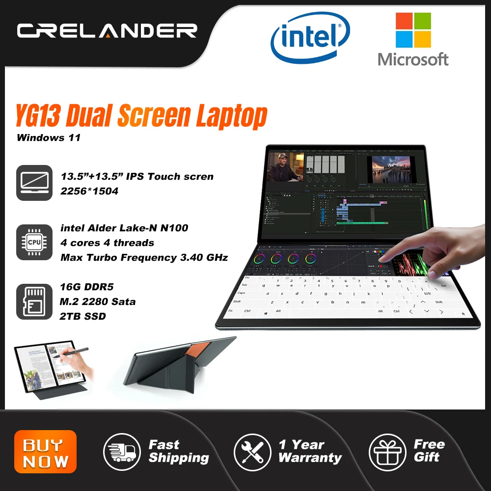CRELANDER YOGA 노트북 13.5형 + 13.5형 터치스크린 Intel N100 CPU 3.4GHz DDR5 16GB Windows 11 노트북 태블릿 듀얼 스크린 노트북 