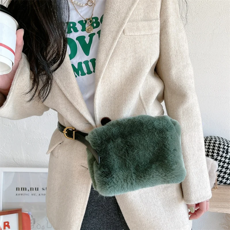 Soft Fluffy Fur Crossbody Bag Rex Rabbit Leather Waist Pack For Women With Adjustable Belt Embellished Leather Waist Pack