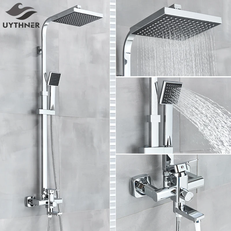 Chrome Shower Faucet System 8 Inch LED Rainfall Shower Tub Mixer Hand Shower Tap 