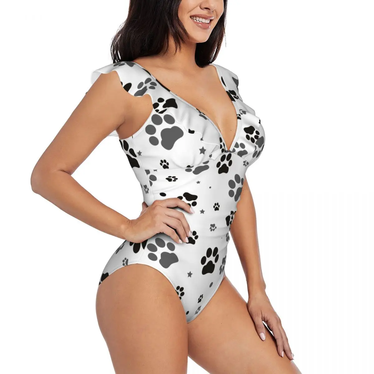 

Sexy One Piece Swimsuit Push Up Swimwear Traces Of Cat Footprint Women Ruffle Monokini Swimsuit Bodysuit Bathing Suit