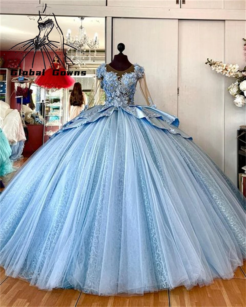 Elegantes Vestidos Vestidos De 15 AÃ±os De Flores Azul Cenicienta