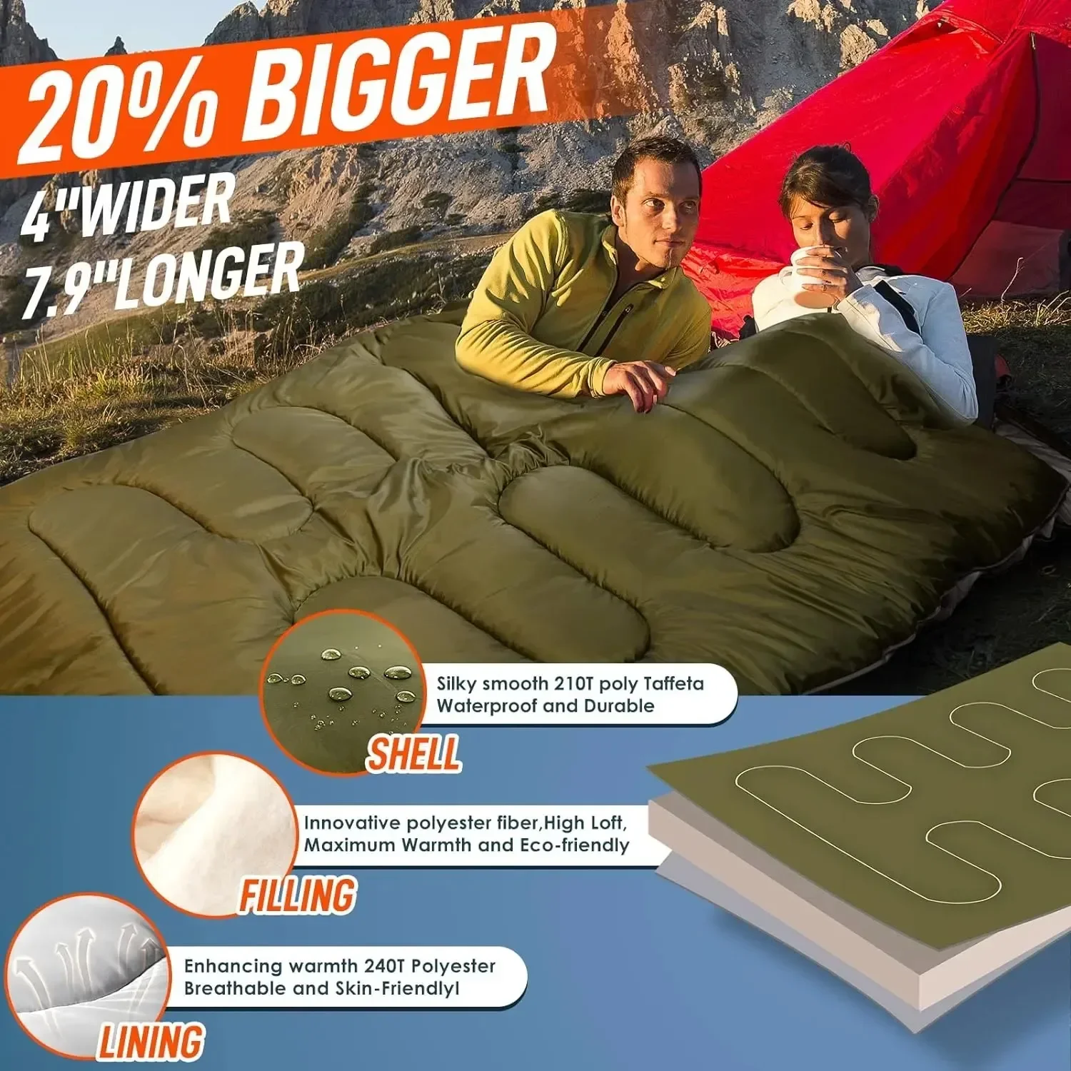 Sleeping Bag 220*150CM Double Person 2700g Filling Hollow Cotton