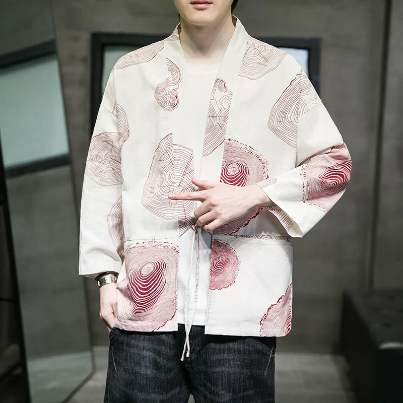 

Japanese Vintage Washed Printed Thin Jacket Men Spring Summer 2023 New Thin Raglan Sleeve Yarn Dyed Robe Casual Cardigan Coat