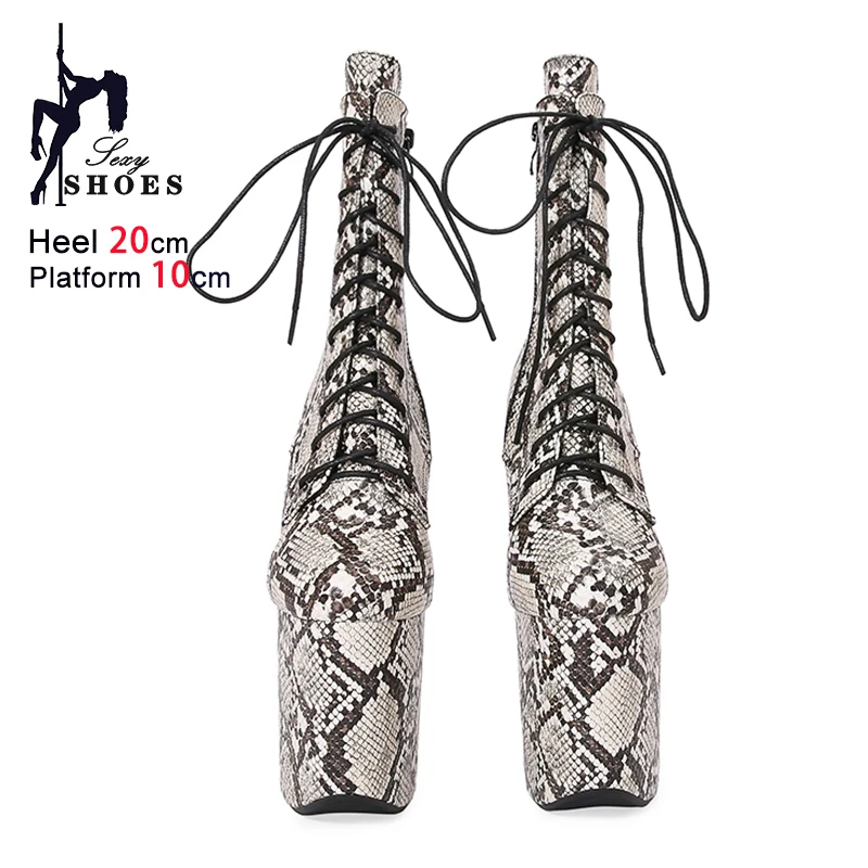 20CM Extreme high heel Women Exotic Platform Ankle Boots New Snakeskin Print Pole Dance Shoes Nightclub Stripper Short Booties