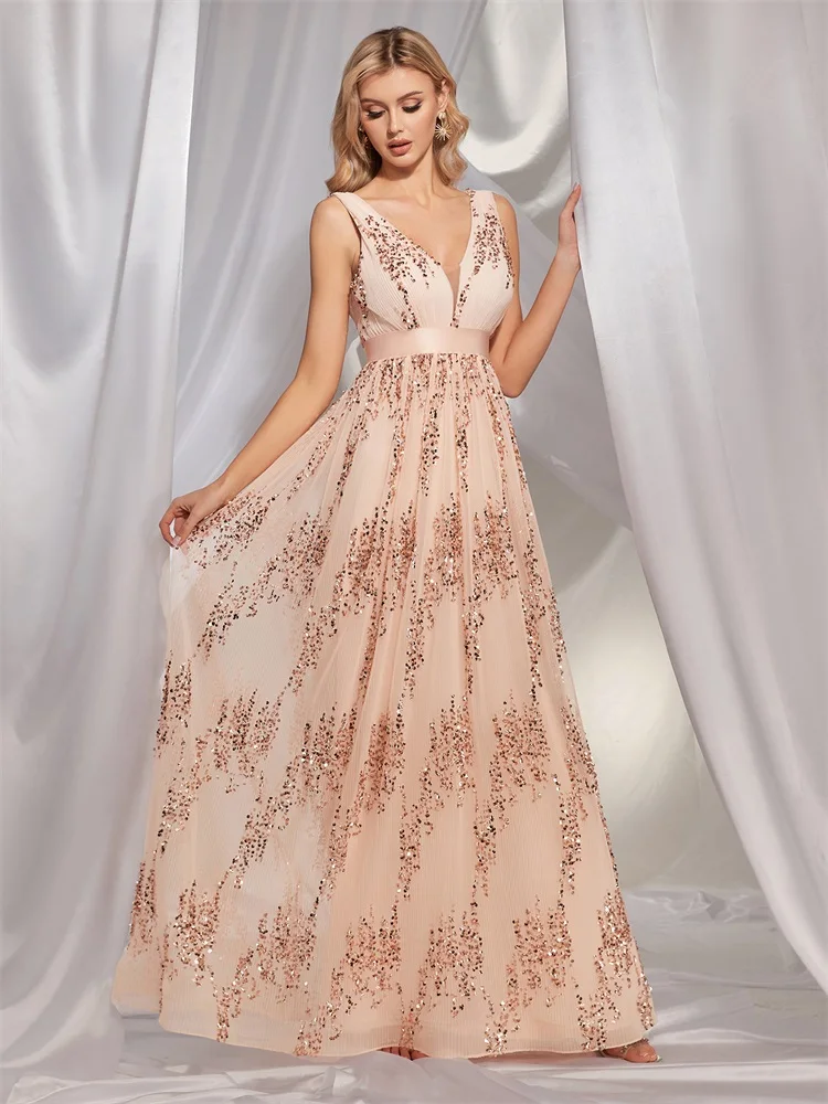 Lucyinlove Nieuwe Luxe Beige V-Hals Avondjurk Met Lovertjes Vrouwen Chiffon Huwelijksfeest Prom Floor Lenght Cocktail Bruidsmeisjesjurken