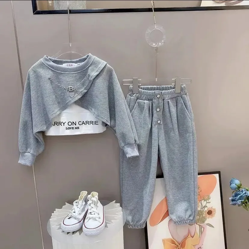 Spring Autumn Baby Girls Plain Waffle Crop Sweatshirt + Sweatpant + Alphabet Tee Tops Sets Kids Tracksuit Child 3PCS Outfit 1-12 Yrs