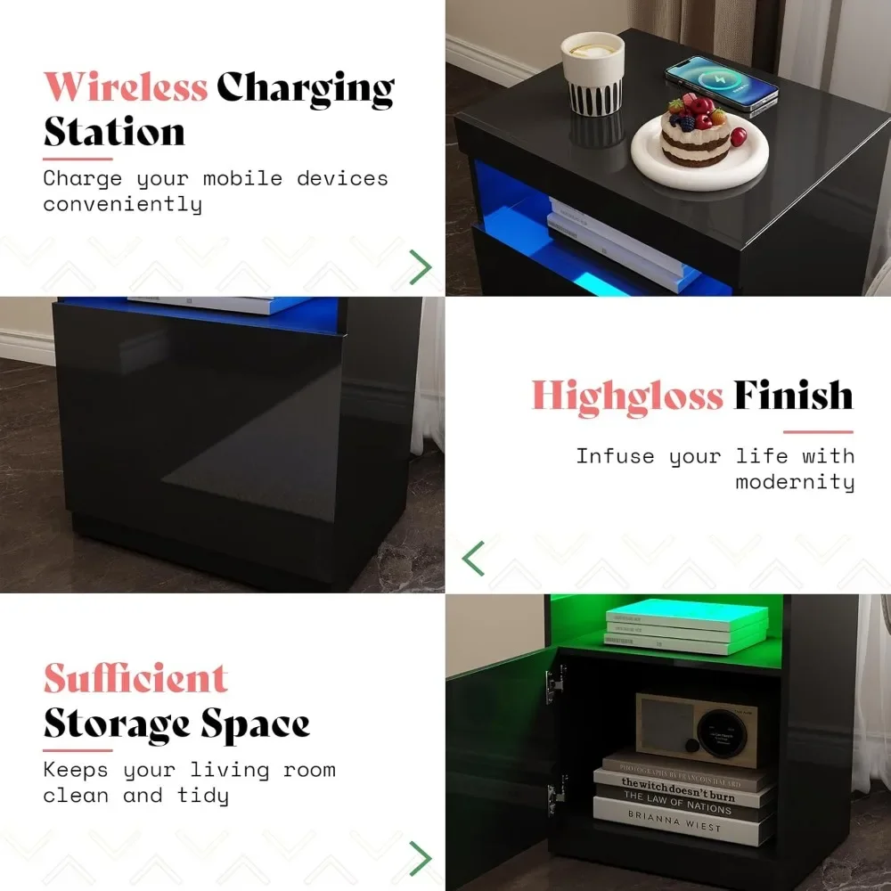 4 Piece Living Room Table Set,70" Fireplace TV Stand, Coffee Table & 2 End Tables,LED Light with Charging Station, Black