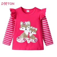 DXTON Toddlers Girls T-shirts Striped Ruffled Long Sleeve Kids Cartoon Tops Squirrel Print Casual Winter Girls Cotton Clothing 1