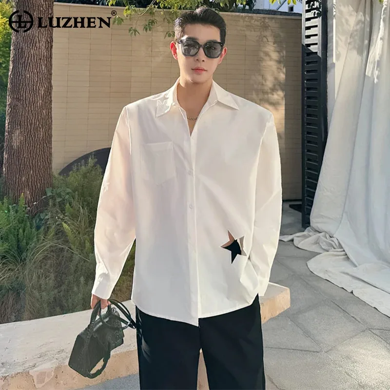 

LUZHEN 2024 New Pentagram Hollow Out Design Shirts Men's High Street Solid Color Elegant Fashion Korean Long Sleeve Tops LZ3359