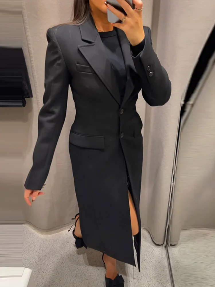 Elegant Black Blazer Long Coat Women Slim Lapel Single Breasted Long Sleeve Pocket Jacket Female 2025 Spring Shoulder Pads Coats 3