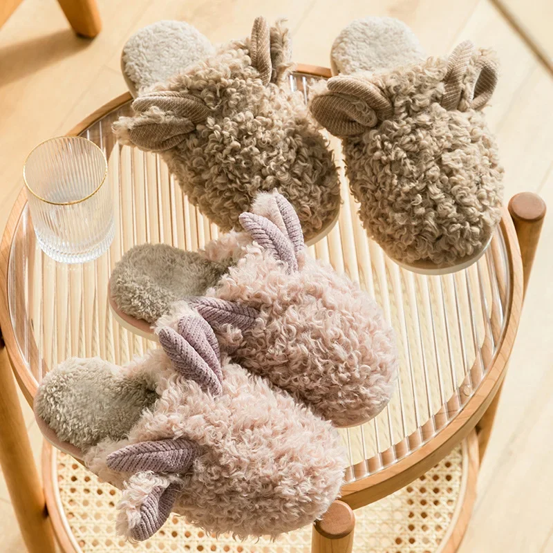 New Fashion Winter Cotton Home Slippers for Women Plush Warm Cozy Furry Shoes Couple Indoor Footwear Cute Fluffy Slippers