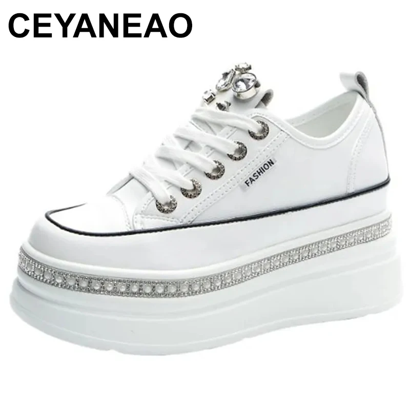 

7cm Genuine Leather Women Vulcanized Autumn Spring Hidden Heels Women Casual Bling Chunky Sneakers Platform Wedge Shoes