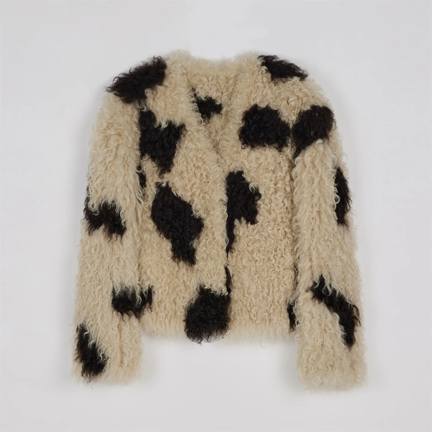 Cows Pattern Curly Yarn Double-Sided Woven Fur Short Plush Coat for Women