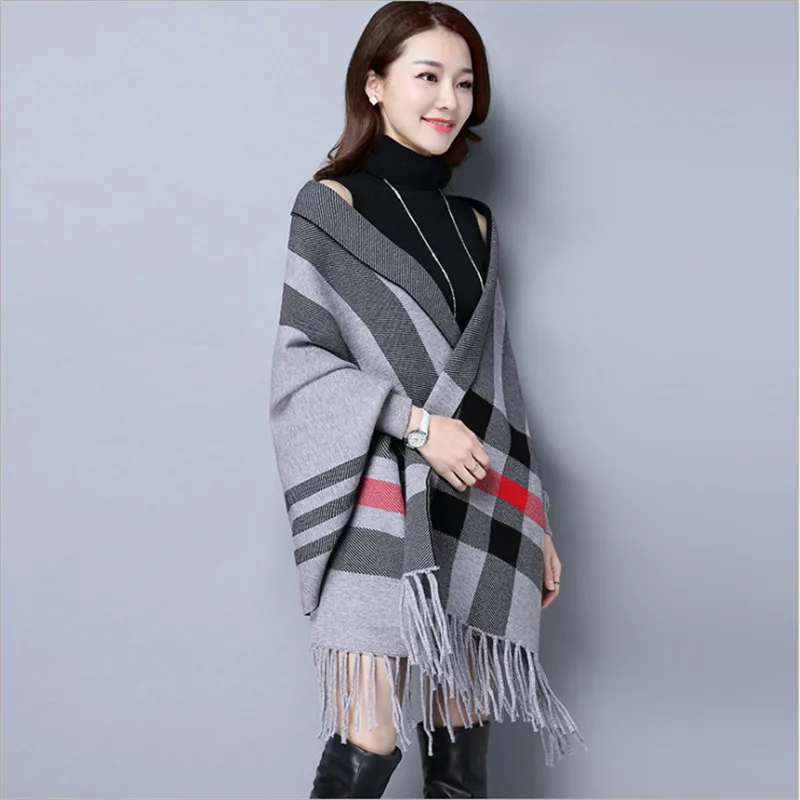 Women Autumn Long Batwing Sleeves Big Pendulum Cape Outstreet Wear Winter Knitted Striped Poncho Vintage Tassel Shawl Coat