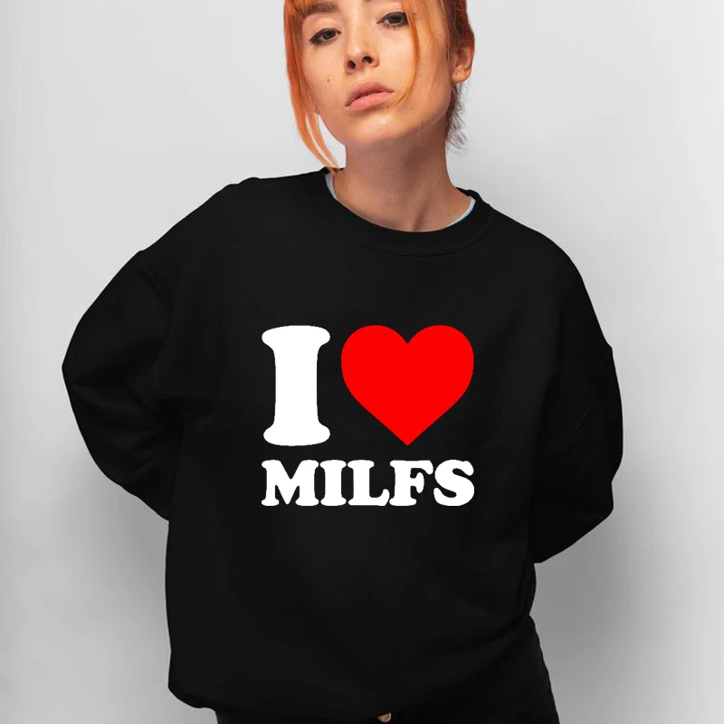 

Женский свитшот с круглым вырезом I Love Milfs, повседневная Красная толстовка в стиле Харадзюку с сердечками, зимняя одежда