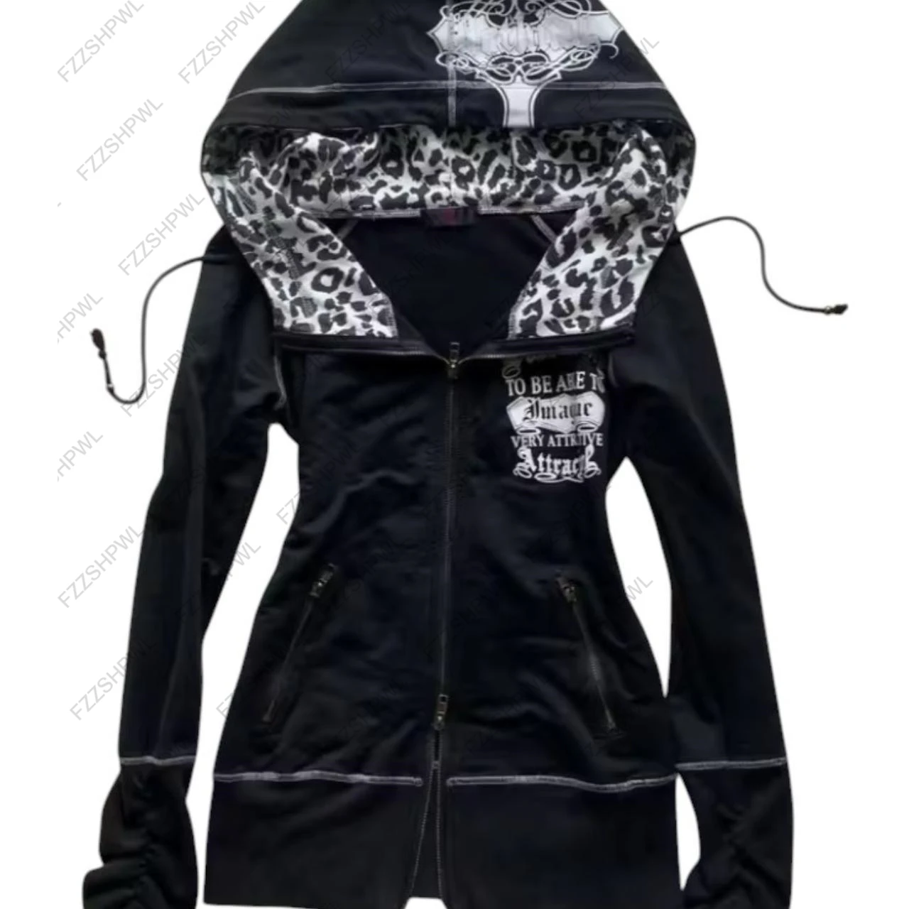 millennium y2k goth punk wind restoring ancient ways leopard grain printing charge show thin waist splicing skulls hooded fleece